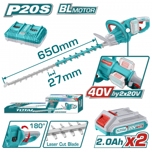 Total Cordless Hedge Trimmer 40V / 650mm - THTLI400282 Total Cordless Hedge Trimmer 40V / 650mm - THTLI400282