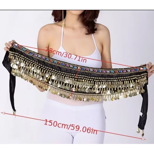 Velvet & Chiffon Belly Dance Hip Scarf with Gold/Silver Coins – 3 Layers - Image 7