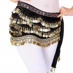 Velvet & Chiffon Belly Dance Hip Scarf with Gold/Silver Coins – 3 Layers