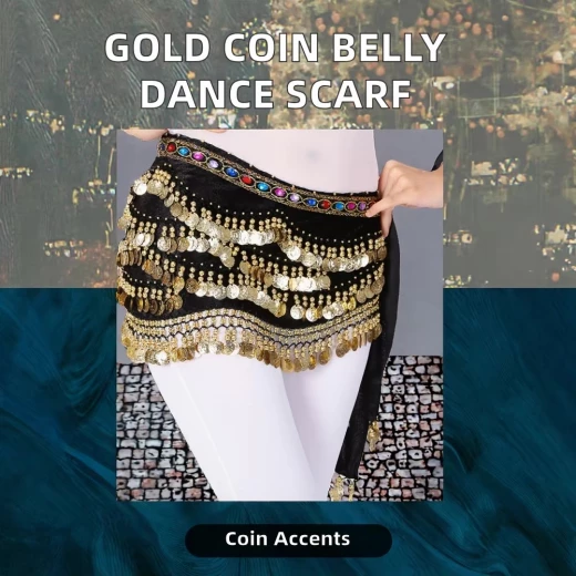 Velvet & Chiffon Belly Dance Hip Scarf with Gold/Silver Coins – 3 Layers - Image 6