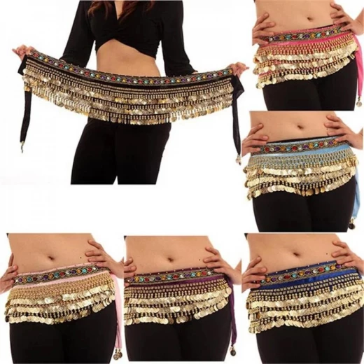 Velvet & Chiffon Belly Dance Hip Scarf with Gold/Silver Coins – 3 Layers - Image 5