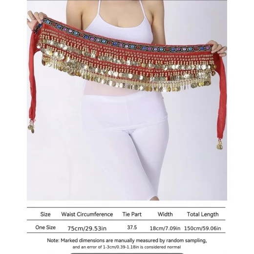 Velvet & Chiffon Belly Dance Hip Scarf with Gold/Silver Coins – 3 Layers - Image 2
