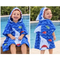 Kids Hooded Poncho Towel Shark Blue Microfibre Beach and Bath Towel Size 100