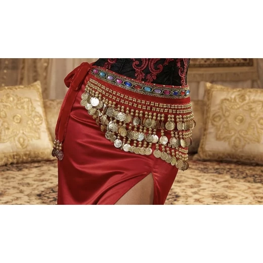 حزام خصر للرقص الشرقي من المخمل والشيفون مرصع بأقراص ذهبية/فضية – 3 طبقات – لون أحمر - Image 7