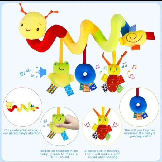 Baby Spiral Hanging Rattle Toy – Frog Squeaker, Soft Ring & Bell Bee – For Stroller, Car Seat & Crib – 0+ Months - Image 5