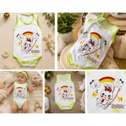 Baby Girl Sleeveless Cotton Bodysuit with Cute Rabbit Print – Soft Breathable Baby Onesie, White/Green, 6–9 Months (Size 5)