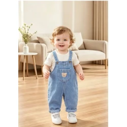 Baby Boy Denim Bib Overalls with Bear Patch & Cargo Pockets – Soft Adjustable Denim Jumpsuit for 6–9 Months