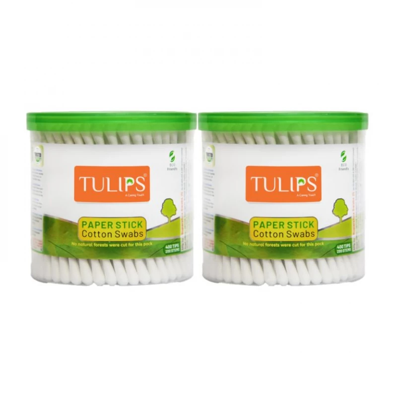 Tulips Paper Stick Cotton Buds 2x200pcs, Soft and Gentle Paper Stem Cotton Swabs, Eco-Friendly Double Pack for Daily Personal Care and Hygiene - Tulips