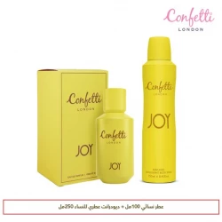 كونفيتي لندن جوي ماء عطر (Eau de Parfum) | عطر زهري فاكهي مسكي | نفحات عليا من الكمثرى والبطيخ والخوخ | قلب زهري من الورد والإيلنغ إيلنغ والياسمين | قاعدة من المسك وخشب الصندل والفانيليا | عطر نسائي منعش وجذاب