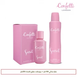 كونفيتي لندن سيكريت ماء عطر (Eau de Parfum) | عطر زهري مسكي بودري | نفحات من زهر البرتقال واللوز واليوسفي | قلب زهري من الياسمين والهليوتروب والورد | قاعدة بودرية من المسك والفانيليا | عطر نسائي أنيق وساحر
