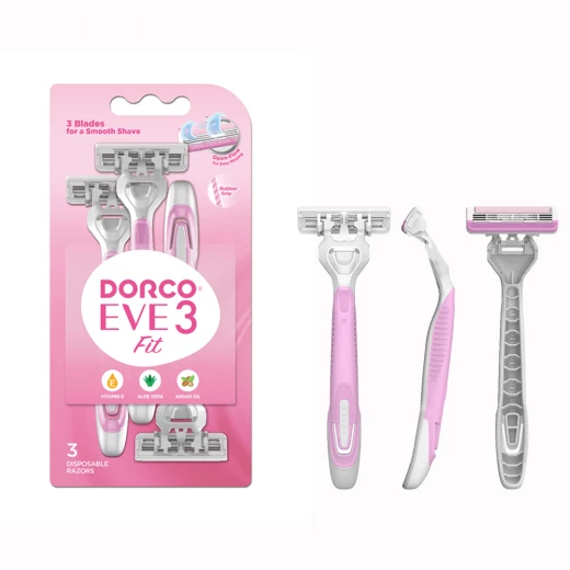 Dorco Eve 3 Disposable Razors for Women, 3 Blades Pivoting Head, 3 Rubber Handles on a Card Dorco Eve 3 Disposable Razors for Women, 3 Blades Pivoting Head, 3 Rubber Handles on a Card