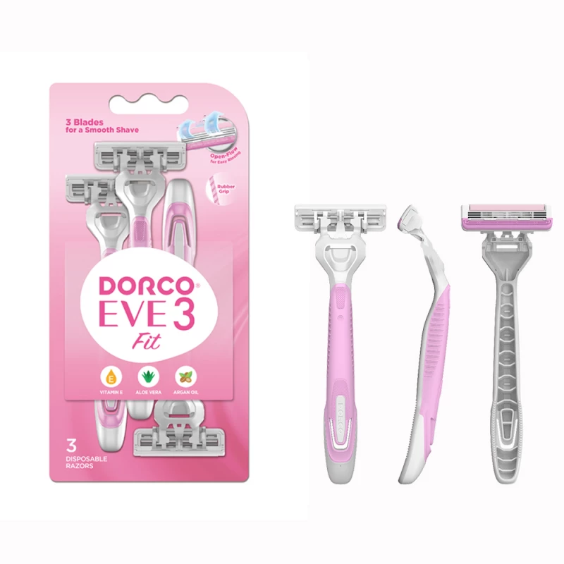 Dorco Eve 3 Disposable Razors for Women, 3 Blades Pivoting Head, 3 Rubber Handles on a Card - Dorco