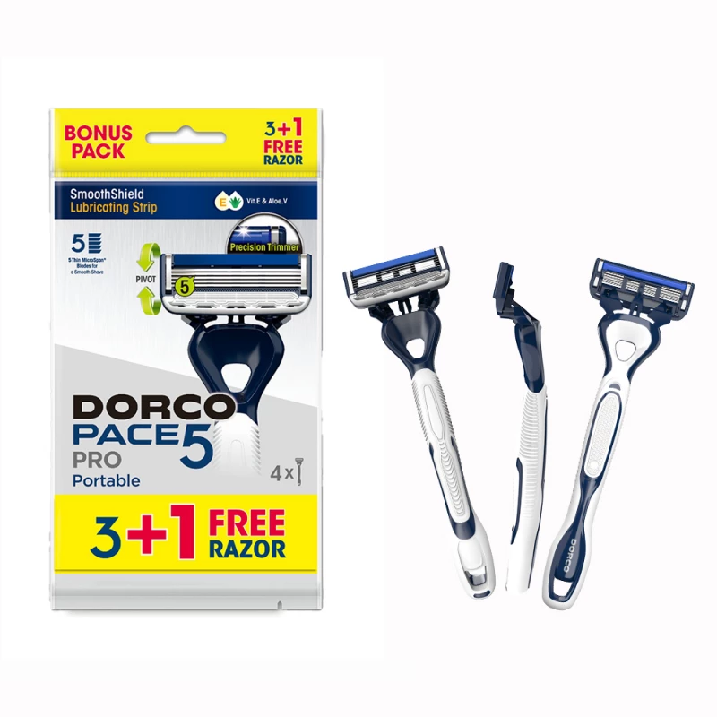 Dorco Pace 5 Pro Disposable Razors for Men, 5 Blades Pivoting Head, 3+1 Rubber Handles in a Pouch - Dorco