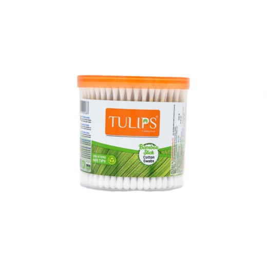 Tulips Bamboo Stick Cotton Buds 200pcs, Soft and Pure Cotton Swabs with Eco-Friendly Biodegradable Bamboo Sticks, Hygienically Produced and Dermatologically Tested