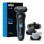 Braun Electric Shaver for Men, Series 5 5150cs, Wet & Dry Razor, Turbo Shaving Mode, Foil Shaver, with Beard Trimmer, Body Groomer and Charging Stand, Blue, Holiday Gifts for Men - Braun