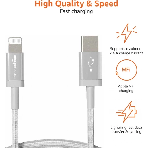 Amazon Basics USB-A to Lightning Charger Cable, Nylon Braided Cord, MFi Certified Charger for Apple iPhone - Amazon - Image 3