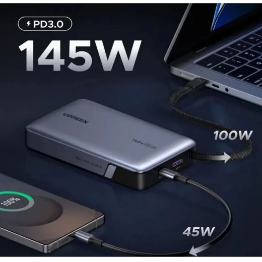UGREEN Nexode 20000mAh 145W Power Bank with Built In Cable Grey Fast Charging Portable Battery Pack - Ugreen - Image 6