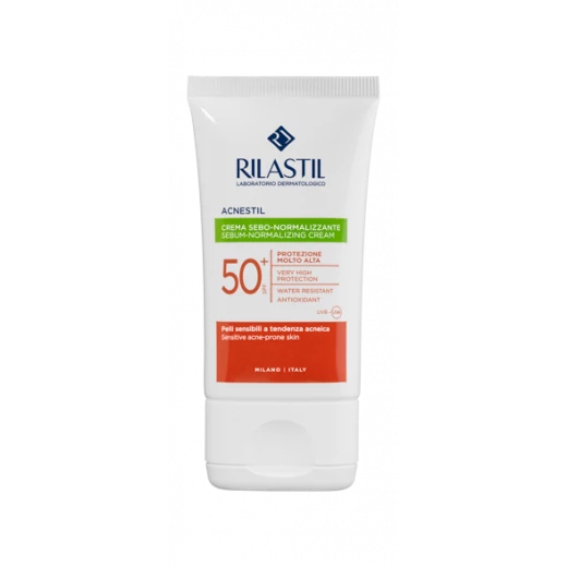 Rilastil Acnestil Sebum Normalizing Cream SPF 50+, oil control formula reduces shine and blemishes, high UV protection, lightweight non greasy texture, suitable for oily and combination skin daily sun protection skincare use Rilastil Acnestil Sebum Normalizing Cream SPF 50+, oil control formula reduces shine and blemishes, high UV protection, lightweight non greasy texture, suitable for oily and combination skin daily sun protection skincare use