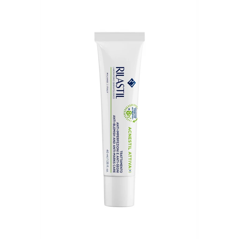 Rilastil Acnestil Attiva Plus Anti Blemish Cream 40ml, effective formula to reduce acne and marks, balances sebum production, improves skin clarity, fast absorbing suitable for oily and combination skin daily use - Rilastil
