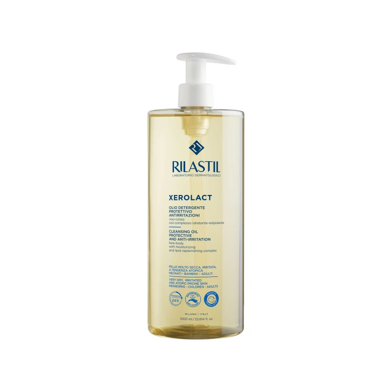 Rilastil Xerolact Cleansing Oil 1000ml, gentle cleansing and moisturizing oil for dry and sensitive skin, removes impurities while protecting skin barrier, leaves skin soft and comfortable, ideal for daily shower skincare use - Rilastil