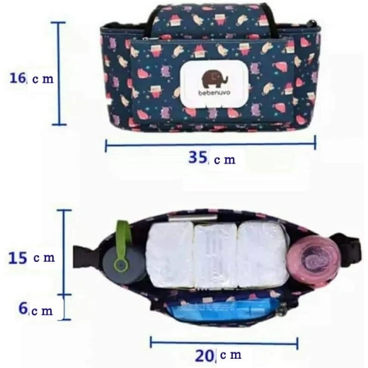 Bebenuvo Baby Stroller Organizer Bag with Large Storage Capacity, Wet Wipes Pouch and Drink Holder, Easy to Install, Made of Durable, Stain-Resistant and Water-Repellent Fabric, Stylish and Practical Design for Everyday Outings - Baby - Image 2