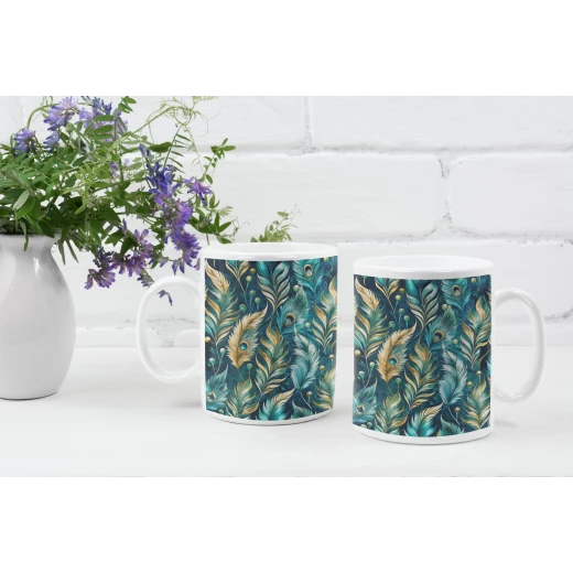 benosh crafts,ceramic mug,peacock print,blue,green,yellow,12oz,1 piece - Benosh - Image 2
