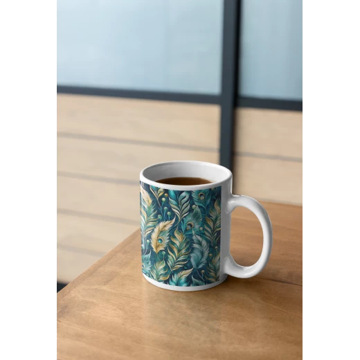 benosh crafts,ceramic mug,peacock print,blue,green,yellow,12oz,1 piece - Benosh - Image 3