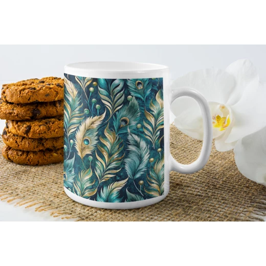 benosh crafts,ceramic mug,peacock print,blue,green,yellow,12oz,1 piece - Benosh - Image 4