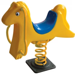 Yellow Horse Spring Rider, Bouncy Playground Pony Toy with Blue Saddle, Safe & Durable Outdoor Ride-On for Kids, Weather-Resistant with Handles and Footrests