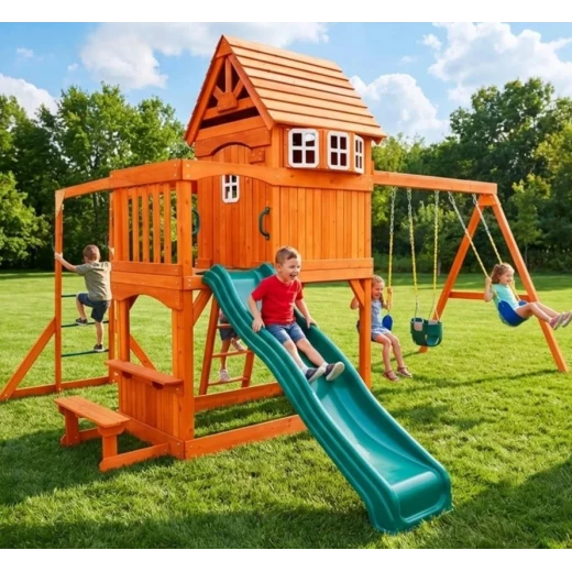 Premium Wooden Backyard Discovery Playset - Play Tower, Slide, and Multi-Swing Station - crowna - Image 2