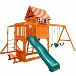 Premium Wooden Backyard Discovery Playset - Play Tower, Slide, and Multi-Swing Station - crowna