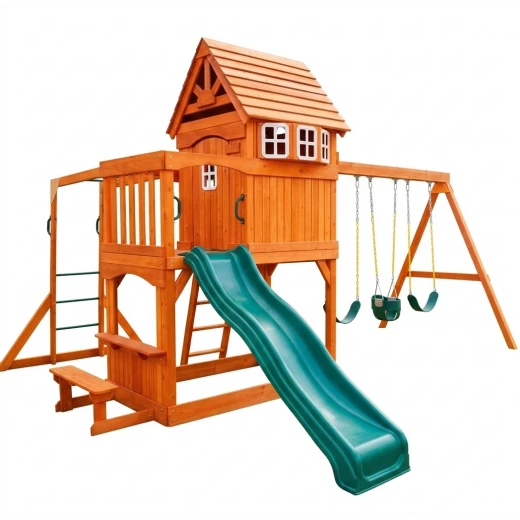 Premium Wooden Backyard Discovery Playset - Play Tower, Slide, and Multi-Swing Station Premium Wooden Backyard Discovery Playset - Play Tower, Slide, and Multi-Swing Station