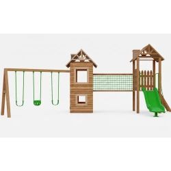 Premium Outdoor Wooden Play Set - Activity Center with Swings, Slide & Climbing Net.