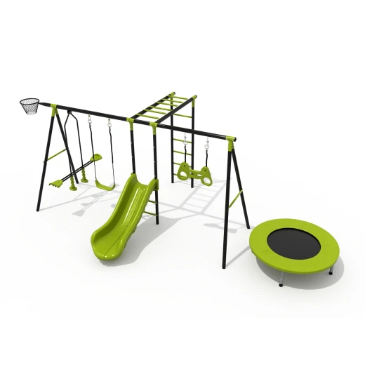 طقم ألعاب وأرجوحة حديد خارجي متعدد الأنشطة مع زحليقة، سلم قرد، ترامبولين، وسلة كرة سلة (420 × 280 × 180 سم) - هيكل حديدي متين باللونين الأسود والأخضر لحدائق الفلل والمنازل. طقم ألعاب وأرجوحة حديد خارجي متعدد الأنشطة مع زحليقة، سلم قرد، ترامبولين، وسلة كرة سلة (420 × 280 × 180 سم) - هيكل حديدي متين باللونين الأسود والأخضر لحدائق الفلل والمنازل.