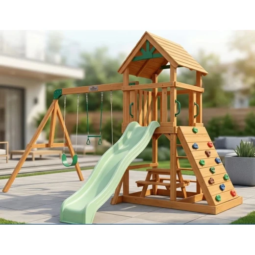 CROWNA Classic Cottage Swedish Wood Outdoor Playset with Built-in Picnic Table, Light Green Wave Slide, Rock Climbing Ramp & Trapeze Swing Station (430 × 330 × 310 cm) CROWNA Classic Cottage Swedish Wood Outdoor Playset with Built-in Picnic Table, Light Green Wave Slide, Rock Climbing Ramp & Trapeze Swing Station (430 × 330 × 310 cm)