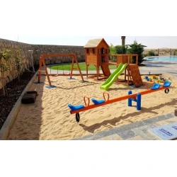 CROWNA Grand Outdoor Playground Complex – Swedish Wood Country Cottage Playset with Suspension Bridge, Lime Green Wave Slide, Rock Climbing Wall, Standalone Swings & 4-Seater Commercial Seesaw (850 × 450 × 330 cm)