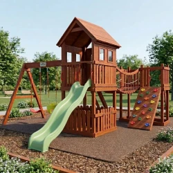 CROWNA Dual Tower Swedish Wood Outdoor Playset with Suspension Bridge, Lower Clubhouse Picket Fence, Light Green Wave Slide, Rock Climbing Ramp & Swings (360 × 680 × 330 cm)