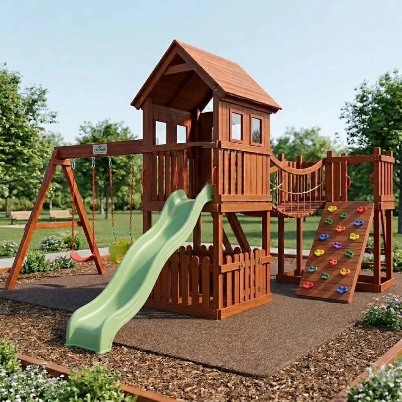 CROWNA Dual Tower Swedish Wood Outdoor Playset with Suspension Bridge, Lower Clubhouse Picket Fence, Light Green Wave Slide, Rock Climbing Ramp & Swings (360 × 680 × 330 cm) - crowna