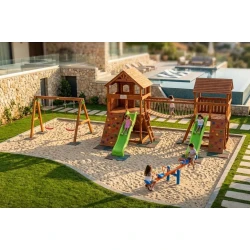CROWNA Mega Dual Tower Swedish Wood Outdoor Playset with Suspension Rope Bridge, Twin Wave Slides, Dual Rock Climbing Ramp & Standalone Swings (750 × 450 × 330 cm)