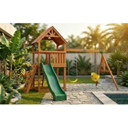 CROWNA Sunburst Gable Swedish Wood Outdoor Playset with Wave Slide, Rock Climbing Ramp & Dual Swings (380 × 300 × 310 cm)