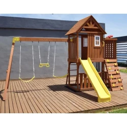 CROWNA Horizon Cottage Swedish Wood Outdoor Playset with Sunny Gable Roof, Side Balcony, Yellow Wave Slide, Climbing Ramp & 3-Position Swings (430 × 330 × 330 cm)
