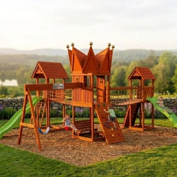 CROWNA Estate Swedish Wood Outdoor Playground Complex with Crown Tower, Dual Wave Slides, Swings & Covered Sandbox (720 × 500 × 370 cm)