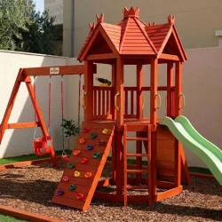 CROWNA Royal Gazebo Swedish Wood Outdoor Playset with Multi-Gable Crown Roof, Wave Slide, Climbing Ramp & Swings (420 × 320 × 340 cm)