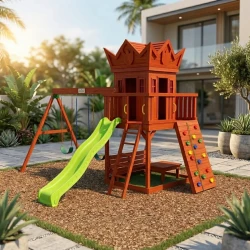 CROWNA Crown Villa Swedish Wood Outdoor Playset with Crown Playhouse, Picnic Table, Wave Slide, Climbing Ramp & Swings (380 × 310 × 320 cm)