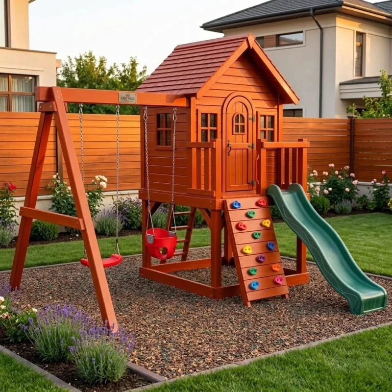 CROWNA Cottage Swedish Wood Outdoor Playset with Enclosed Playhouse, Wave Slide, Climbing Ramp & Swings (350 × 280 × 310 cm) - crowna
