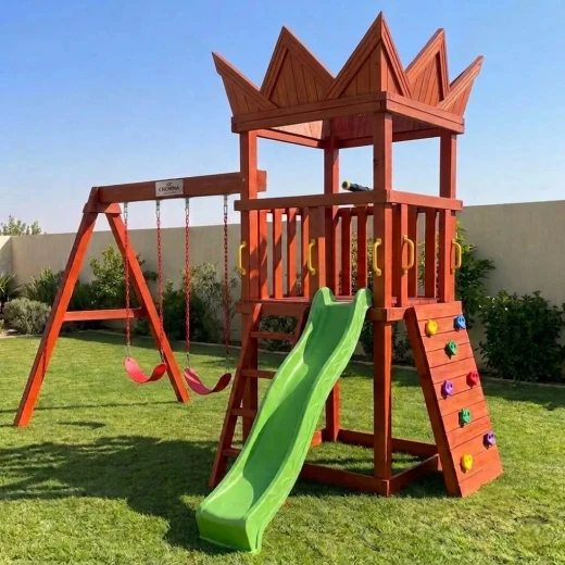 CROWNA Grand Crown Swedish Wood Outdoor Playset with Wave Slide, Rock Climbing Ramp & Dual Swings (360 × 280 × 310 cm) CROWNA Grand Crown Swedish Wood Outdoor Playset with Wave Slide, Rock Climbing Ramp & Dual Swings (360 × 280 × 310 cm)