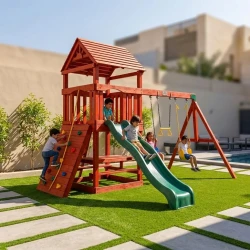 CROWNA Classic Swedish Wood Outdoor Playset with Wave Slide, Rock Climbing Ramp & Swings (400 × 310 × 280 cm)