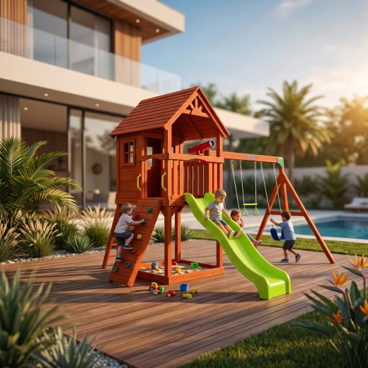 CROWNA Premium Swedish Wood Outdoor Playset with Wave Slide, Swings, Rock Climbing Wall & Playhouse (420 × 330 × 280 cm) CROWNA Premium Swedish Wood Outdoor Playset with Wave Slide, Swings, Rock Climbing Wall & Playhouse (420 × 330 × 280 cm)