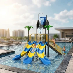 Commercial Pool Water Play Structure with Triple Wave Slides & Overhead Tipping Bucket — Aqua Park Playground for Resorts & Hotels (5.2m x 4.8m x 4.5m)