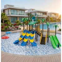 Commercial Aqua Park Pool Play Structure with 5 Slides, Overhead Tipping Bucket & Mushroom Fountains — Outdoor Water Playground (7.5m x 6.2m x 4.8m)
